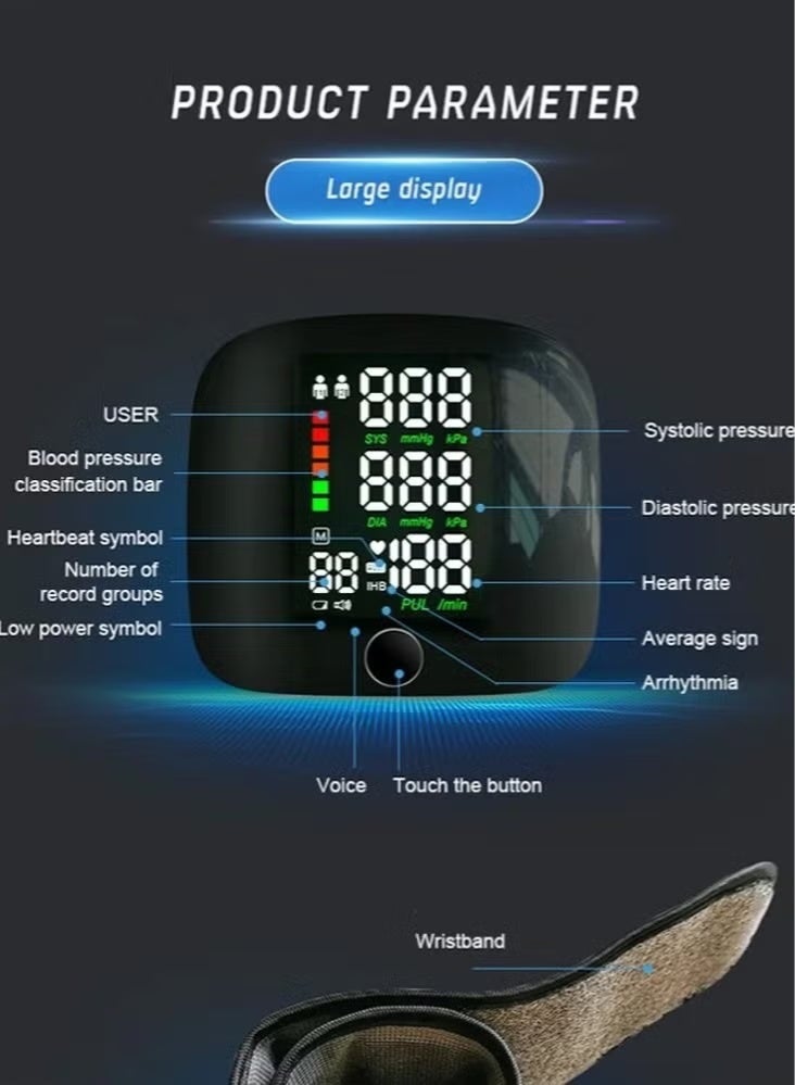 جهاز قياس ضغط الدم الرقمي للمعصم، مزود بكفة قابلة للتعديل، وذاكرة تخزين لـ 99 قراءة، وشاشة عرض كبيرة، وميزة التحدث، وحقيبة حمل، وساعة قياس ضغط الدم الأوتوماتيكية للمعصم. - Image 4